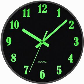 JoFomp Glow in The Dark Clock, 12" Non-Ticking Silent Luminous Wall Clock, Battery Operated Modern Quartz Clocks, Easy to Read for Home Kitchen Office Bedroom