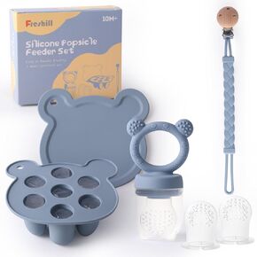 Freshill Baby Fruit Food Feeder & Breastmilk Popsicle Molds for Batch Prep, Silicone Pacifier Clip Keep Teether Within Baby's Reach, Includes 2 Extra Pouches BPA Free