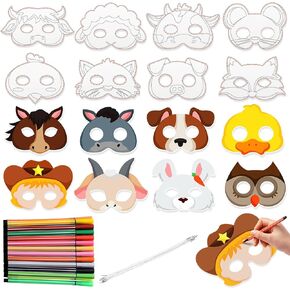 Aoriher 16 Pcs Animal Masks for Kids 24 Watercolor Pen Farm DIY Coloring Mask Barnyard Party Favors Supplies Blank Mask Animal Unpainted Mask for Farmhouse Animal Theme Birthday Masquerade Costumes