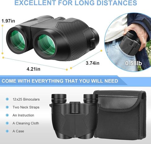 12x25 Compact Binoculars for Adults and Kids, Waterproof Binoculars with Low Light Night Vision - High Powered Easy Focus Binoculars with Low Light Vision for Outdoor Hunting Travel in Saudi Arabia