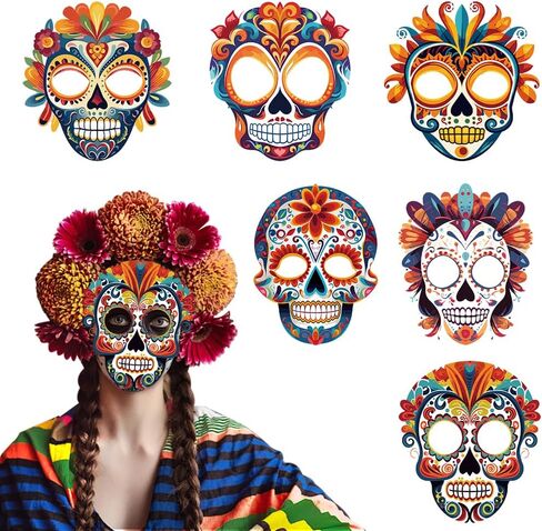 ALIBBON 6 Pcs Day of The Dead Mask Paper Sugar Skull Mask Full Face Mask with Elastic String Halloween Party Supplies in Saudi Arabia