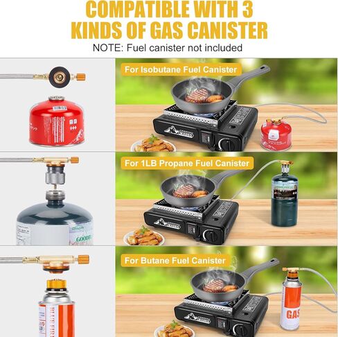 WADEO ثلاثة موقد وقود، موقد تخييم محمول 3 في 1 مع خرطوم تمديد من الفولاذ المقاوم للصدأ بطول 1 متر، ومحول خزان البروبان 1 رطل ومحول البيوتان، موقد غاز محمول للطهي في الهواء الطلق، والشواء، والسفر RV in Kuwait