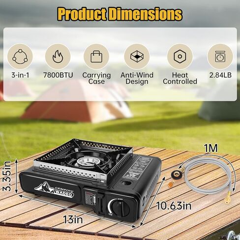 WADEO ثلاثة موقد وقود، موقد تخييم محمول 3 في 1 مع خرطوم تمديد من الفولاذ المقاوم للصدأ بطول 1 متر، ومحول خزان البروبان 1 رطل ومحول البيوتان، موقد غاز محمول للطهي في الهواء الطلق، والشواء، والسفر RV in Kuwait