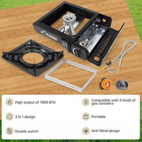 WADEO ثلاثة موقد وقود، موقد تخييم محمول 3 في 1 مع خرطوم تمديد من الفولاذ المقاوم للصدأ بطول 1 متر، ومحول خزان البروبان 1 رطل ومحول البيوتان، موقد غاز محمول للطهي في الهواء الطلق، والشواء، والسفر RV in Kuwait