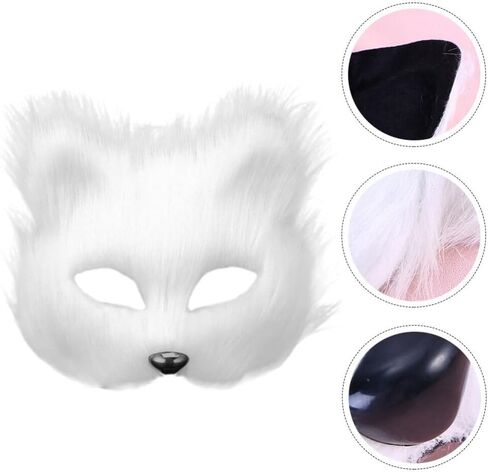 قناع VALICLUD Therian من فرو الثعلب الصناعي قناع ثعلب أبيض قناع تنكر نصف وجه على شكل حيوان فروي على شكل قطة أقنعة تنكرية قناع فرو صناعي قطيفة دعائم تنكرية لعيد الميلاد in Kuwait