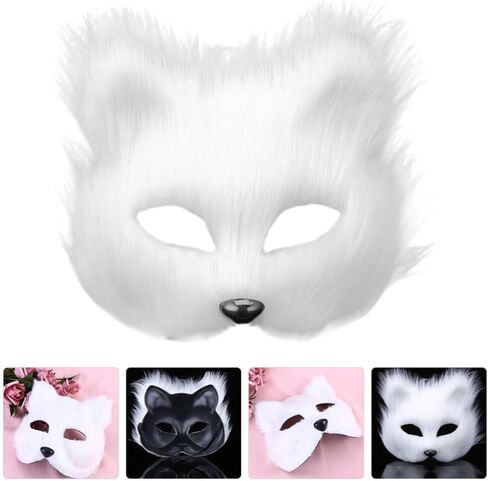 قناع VALICLUD Therian من فرو الثعلب الصناعي قناع ثعلب أبيض قناع تنكر نصف وجه على شكل حيوان فروي على شكل قطة أقنعة تنكرية قناع فرو صناعي قطيفة دعائم تنكرية لعيد الميلاد in Kuwait