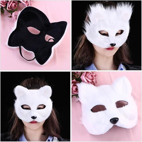 قناع VALICLUD Therian من فرو الثعلب الصناعي قناع ثعلب أبيض قناع تنكر نصف وجه على شكل حيوان فروي على شكل قطة أقنعة تنكرية قناع فرو صناعي قطيفة دعائم تنكرية لعيد الميلاد in Kuwait