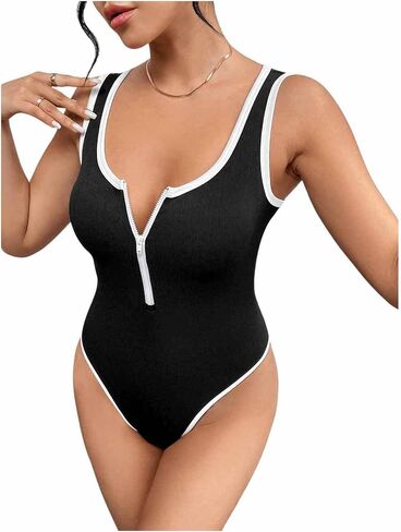 SweatyRocks Women's Half Zip Scoop Neck Bodysuit shirts Sleeveless Slim Fit Jumpsuit Tops in Saudi Arabia