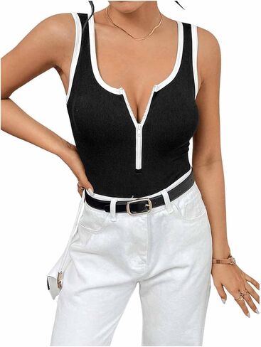 SweatyRocks Women's Half Zip Scoop Neck Bodysuit shirts Sleeveless Slim Fit Jumpsuit Tops in Saudi Arabia