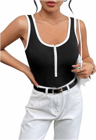 SweatyRocks Women's Half Zip Scoop Neck Bodysuit shirts Sleeveless Slim Fit Jumpsuit Tops in Saudi Arabia