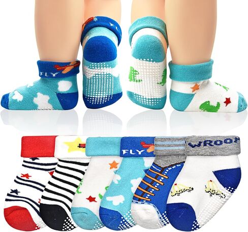SkiBeaut Baby Newborn Socks with Grips, 6 Pairs Toddler Kids Warm Thick Socks Non Slip Skid Sticky Slippery Crew Socks in Saudi Arabia