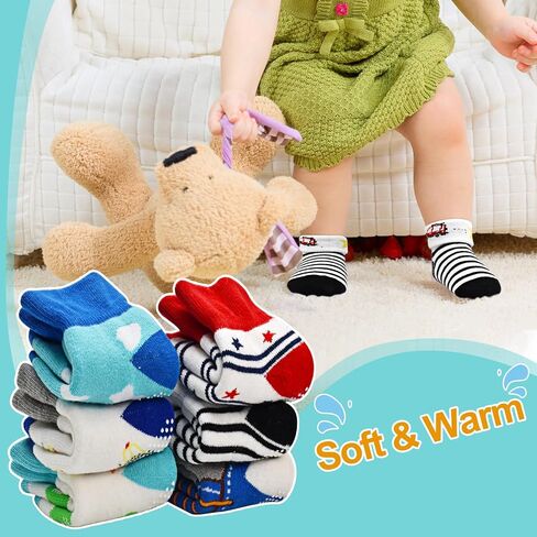 SkiBeaut Baby Newborn Socks with Grips, 6 Pairs Toddler Kids Warm Thick Socks Non Slip Skid Sticky Slippery Crew Socks in Saudi Arabia