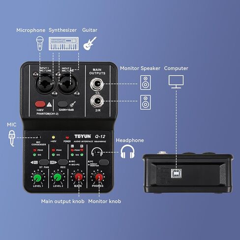 Koitmy Audio Mixer صغير قابل للشرب، لوحة صوت ستيريو مزدوجة القناة مع طاقة فانتوم XLR 48 فولت لأجهزة الهاتف PC، ألعاب الكاريوكي ستوديو البث المباشر للبودكاست in Kuwait