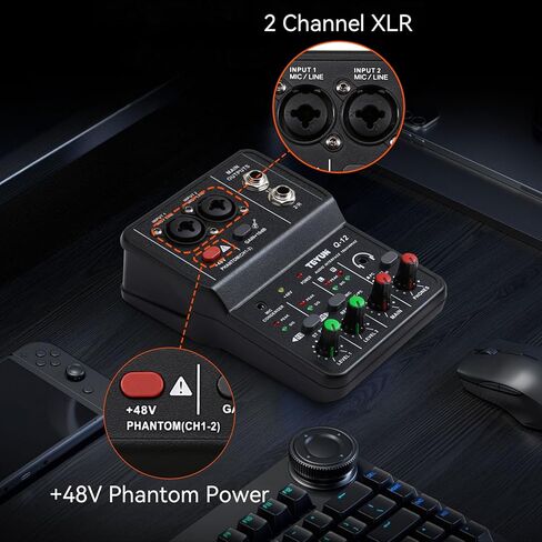 Koitmy Audio Mixer صغير قابل للشرب، لوحة صوت ستيريو مزدوجة القناة مع طاقة فانتوم XLR 48 فولت لأجهزة الهاتف PC، ألعاب الكاريوكي ستوديو البث المباشر للبودكاست in Kuwait