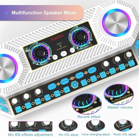 واجهة صوتية مع خلاط، خلاط صوت متدفق مع مكبر صوت 40 وات، لوحة صوت، تأثيرات صوتية، حل استوديو محمول الكل في واحد للبث المباشر وتسجيل ألعاب البودكاست كاريوكي (أبيض) in Kuwait