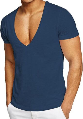 تي شيرت رجالي مثير بياقة V عميقة وأكمام قصيرة تي شيرت مناسب تي شيرت منخفض القطع Vneck تي شيرت علوي in Kuwait