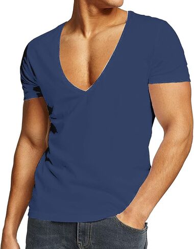 تي شيرت رجالي مثير بياقة V عميقة وأكمام قصيرة تي شيرت مناسب تي شيرت منخفض القطع Vneck تي شيرت علوي in Kuwait