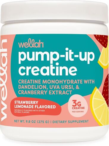 Wellah Pump-It-Up Creatine (50 حصة، عصير الليمون بالفراولة) - كرياتين مونوهيدرات مع الهندباء، وأوفا أورسي، ومستخلص التوت البري in Kuwait