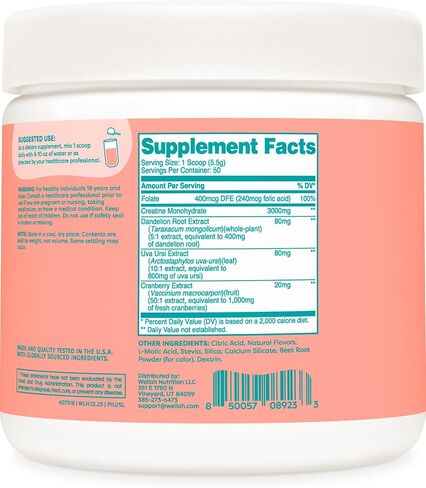 Wellah Pump-It-Up Creatine (50 حصة، عصير الليمون بالفراولة) - كرياتين مونوهيدرات مع الهندباء، وأوفا أورسي، ومستخلص التوت البري in Kuwait