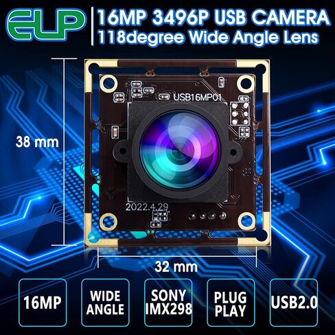 ELP 16MP Wide Angle USB Camera Module with 170degree Fisheye Lens for Raspberry Pi, Computer 4K Mini UVC USB2.0 Video Webcam Board Industrial PC Lightburn IMX298 Laptop, ELP-USB16MP01-L170 in Kuwait