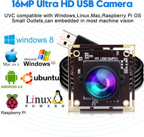 ELP 16MP Wide Angle USB Camera Module for Raspberry Pi and Computer 4K Mini UVC USB2.0 Video Webcam Board with 118degree No Distortion Lens IMX298 Industrial PC Lightburn Camera for Laptop,Jetson Nano in Saudi Arabia