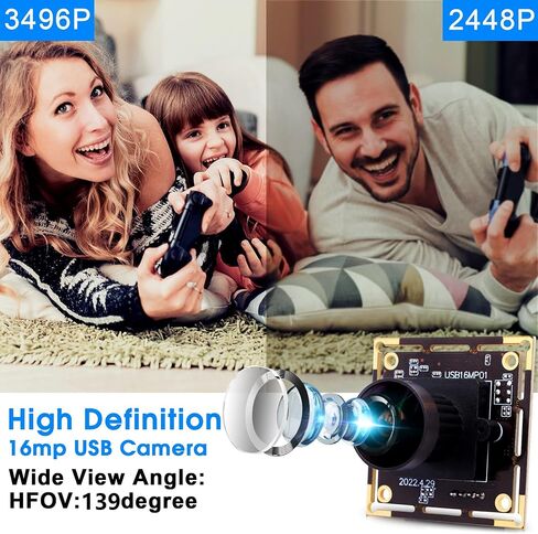 ELP 16MP Wide Angle USB Camera Module for Raspberry Pi and Computer 4K Mini UVC USB2.0 Video Webcam Board with 118degree No Distortion Lens IMX298 Industrial PC Lightburn Camera for Laptop,Jetson Nano in Saudi Arabia