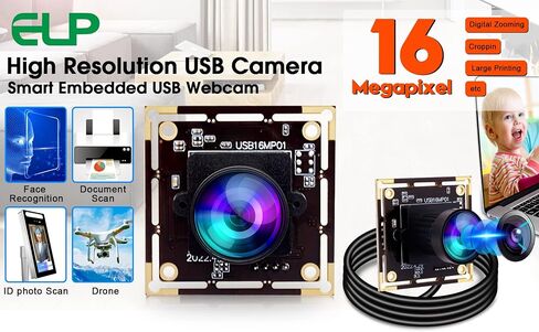 ELP 16MP Wide Angle USB Camera Module for Raspberry Pi and Computer 4K Mini UVC USB2.0 Video Webcam Board with 118degree No Distortion Lens IMX298 Industrial PC Lightburn Camera for Laptop,Jetson Nano in Saudi Arabia