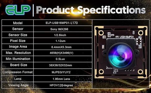 ELP 16MP Wide Angle USB Camera Module for Raspberry Pi and Computer 4K Mini UVC USB2.0 Video Webcam Board with 118degree No Distortion Lens IMX298 Industrial PC Lightburn Camera for Laptop,Jetson Nano in Saudi Arabia
