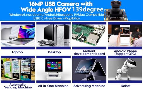 ELP 16MP Wide Angle USB Camera Module for Raspberry Pi and Computer 4K Mini UVC USB2.0 Video Webcam Board with 118degree No Distortion Lens IMX298 Industrial PC Lightburn Camera for Laptop,Jetson Nano in Saudi Arabia