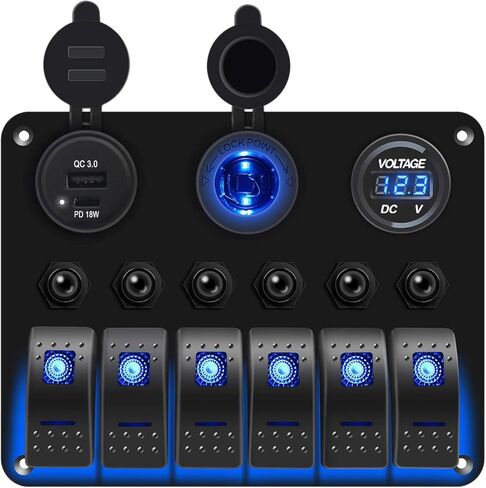 Ambuker 6 Gang Rocker Switch Panel مع QC3.0 USB & PD 18W Type-C شاحن سيارة USB مزدوج أزرق LED رقمي الفولتميتر مقبس ولاعة السجائر وواقي التحميل الزائد مناسب لسيارة شاحنة RV in Kuwait