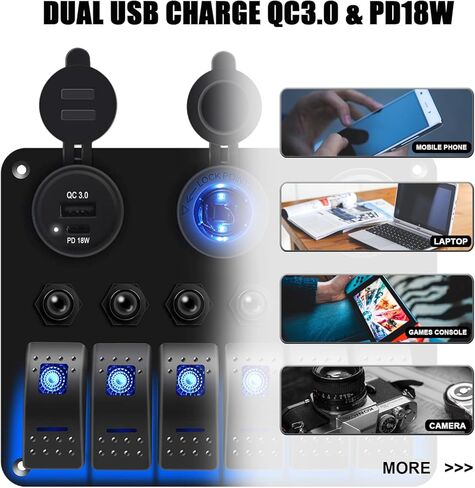 Ambuker 6 Gang Rocker Switch Panel مع QC3.0 USB & PD 18W Type-C شاحن سيارة USB مزدوج أزرق LED رقمي الفولتميتر مقبس ولاعة السجائر وواقي التحميل الزائد مناسب لسيارة شاحنة RV in Kuwait