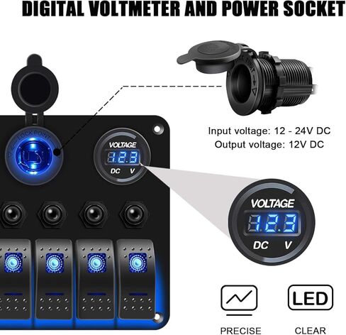 Ambuker 6 Gang Rocker Switch Panel مع QC3.0 USB & PD 18W Type-C شاحن سيارة USB مزدوج أزرق LED رقمي الفولتميتر مقبس ولاعة السجائر وواقي التحميل الزائد مناسب لسيارة شاحنة RV in Kuwait