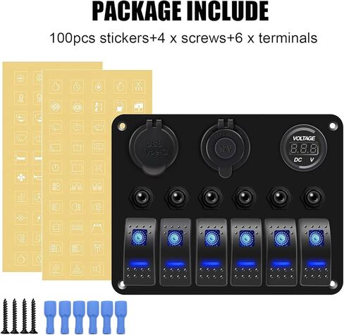 Ambuker 6 Gang Rocker Switch Panel مع QC3.0 USB & PD 18W Type-C شاحن سيارة USB مزدوج أزرق LED رقمي الفولتميتر مقبس ولاعة السجائر وواقي التحميل الزائد مناسب لسيارة شاحنة RV in Kuwait