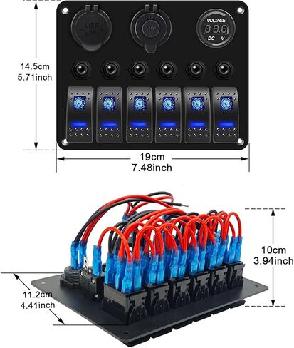 Ambuker 6 Gang Rocker Switch Panel مع QC3.0 USB & PD 18W Type-C شاحن سيارة USB مزدوج أزرق LED رقمي الفولتميتر مقبس ولاعة السجائر وواقي التحميل الزائد مناسب لسيارة شاحنة RV in Kuwait