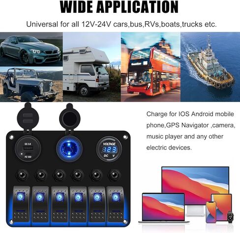 Ambuker 6 Gang Rocker Switch Panel مع QC3.0 USB & PD 18W Type-C شاحن سيارة USB مزدوج أزرق LED رقمي الفولتميتر مقبس ولاعة السجائر وواقي التحميل الزائد مناسب لسيارة شاحنة RV in Kuwait