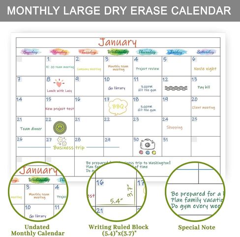 Large Dry Erase Calendar - Undated 1 Month Calendar, Calendar for Wall with Round Stickers, Erasable White Board Calendar, 40" x 27" for Office in Saudi Arabia