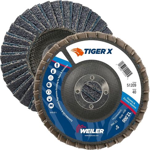 Weiler 51209 Tiger X Flap Disc, Ceramic and Zirconia Alumina, Angled, Phenolic Backing, 40 Grit, 5", 7/8" Arbor Hole (Pack of 10) in Kuwait