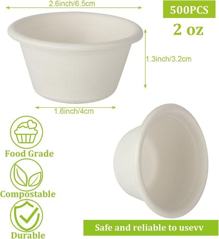 HNBun 500pcs 2oz Disposable Bagasse Fiber Souffle Cups, Natural Compostable Portion Cups Mini Food Sample Cups Tasting Cups for Condiment,Food Tasting,Medicine, White in Saudi Arabia