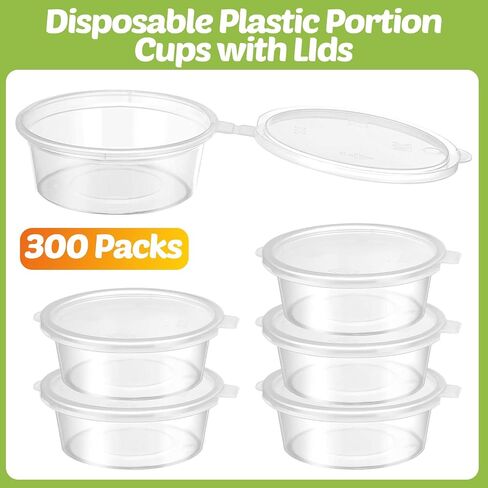 Didaey 300 Pcs 2 oz Plastic Dressing Containers Clear Portion Cups Small Condiment Containers with Lids Hinged Airtight Souffle Cups Disposable Sauce Cups with Lids for Food, Salad Storage in Saudi Arabia