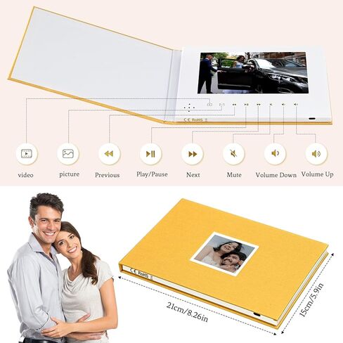دفتر بطاقات تهنئة بالفيديو - ذكريات متحركة مع شاشة مقاس 7 بوصات، وذاكرة سعة 4 جيجابايت وبطارية قابلة لإعادة الشحن (ذهبي) in Kuwait
