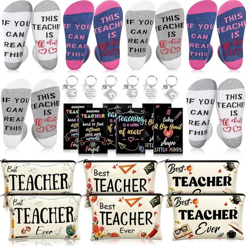 Jiuguva 24 Pcs Teacher Appreciation Gifts Bulk Teacher Makeup Bag for Women Funny Teacher Keychain Inspirational Notebook If You Can Read This Socks Thank You Gifts Teacher's Day in Saudi Arabia