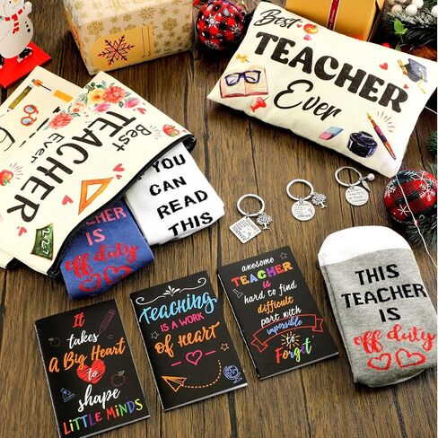 Jiuguva 24 Pcs Teacher Appreciation Gifts Bulk Teacher Makeup Bag for Women Funny Teacher Keychain Inspirational Notebook If You Can Read This Socks Thank You Gifts Teacher's Day in Saudi Arabia