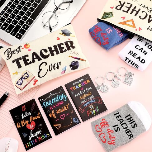 Jiuguva 24 Pcs Teacher Appreciation Gifts Bulk Teacher Makeup Bag for Women Funny Teacher Keychain Inspirational Notebook If You Can Read This Socks Thank You Gifts Teacher's Day in Saudi Arabia