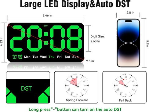 Triangle Plum Large Digital Wall Clock,9.5 Inch,Led Alarm Clock with Big Digits,DST,Dual Alarm,3-Level Brightness for Living Room Bedrooms Classroom Decor-Green in Saudi Arabia