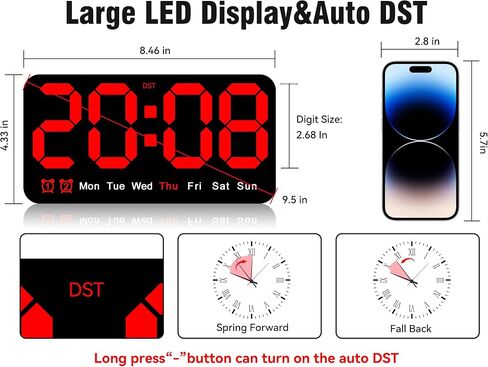 Triangle Plum Large Digital Wall Clock,9.5 Inch,Led Alarm Clock with Big Digits,DST,Dual Alarm,3-Level Brightness for Living Room Bedrooms Classroom Decor-Green in Saudi Arabia