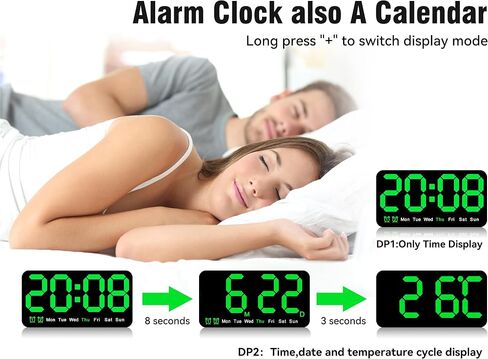 Triangle Plum Large Digital Wall Clock,9.5 Inch,Led Alarm Clock with Big Digits,DST,Dual Alarm,3-Level Brightness for Living Room Bedrooms Classroom Decor-Green in Saudi Arabia