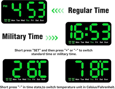 Triangle Plum Large Digital Wall Clock,9.5 Inch,Led Alarm Clock with Big Digits,DST,Dual Alarm,3-Level Brightness for Living Room Bedrooms Classroom Decor-Green in Saudi Arabia