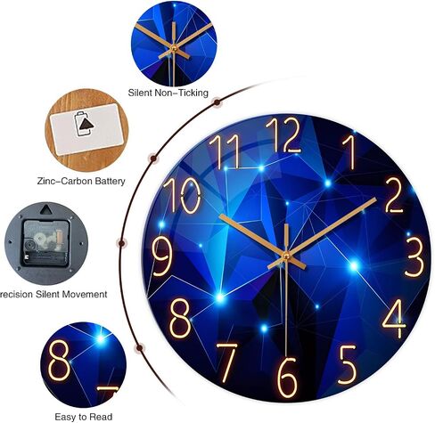 Constantplanet Blue Wall Clock Battery Operated - 14 Inch Modern Wall Clock Non Ticking - Glass Clock for Bedroom Living Room Office Kitchen Dining Room in Kuwait