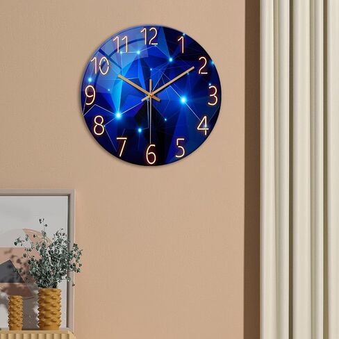 Constantplanet Blue Wall Clock Battery Operated - 14 Inch Modern Wall Clock Non Ticking - Glass Clock for Bedroom Living Room Office Kitchen Dining Room in Kuwait