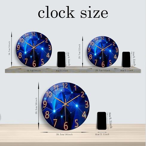 Constantplanet Blue Wall Clock Battery Operated - 14 Inch Modern Wall Clock Non Ticking - Glass Clock for Bedroom Living Room Office Kitchen Dining Room in Kuwait